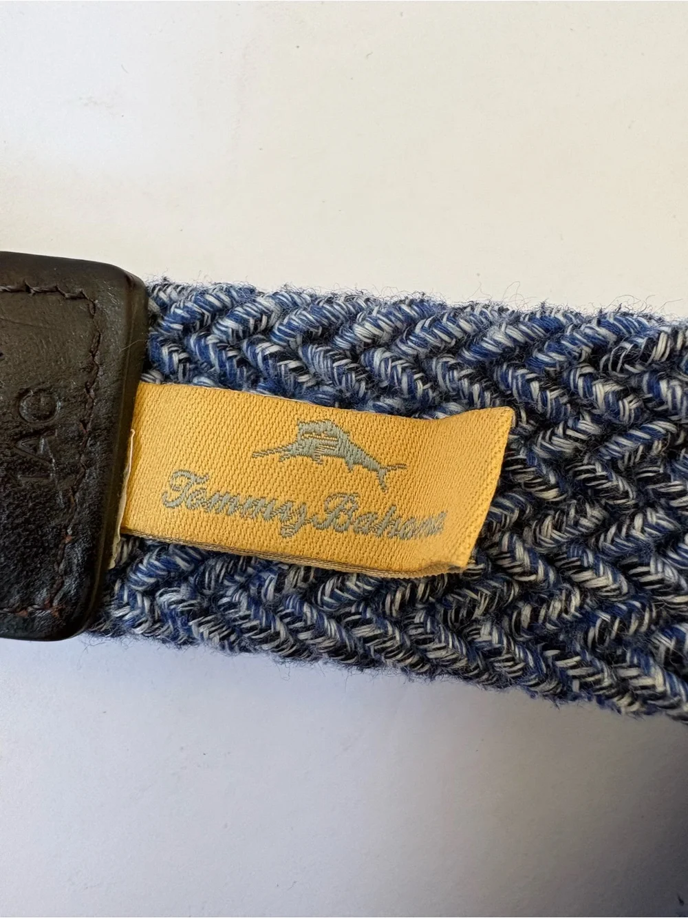 Tommy Bahama Stretch Webbed Belt Blue Leather Trim S Boat Preppy Resort Cruise